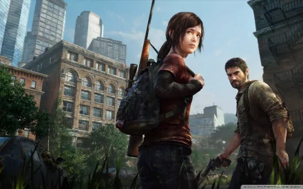 HD PC desktop wallpaper featuring characters Ellie and Joel from the video game The Last of Us, set against a post-apocalyptic urban backdrop.