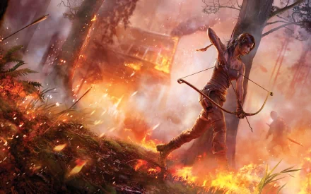 HD PC desktop wallpaper featuring Lara Croft from the Tomb Raider video game, poised with a bow and arrow amid a fiery forest and burning wreckage.