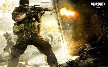 A gripping HD wallpaper from Call of Duty: Black Ops, featuring a soldier in combat, dynamically firing his weapon amidst a chaotic battlefield scene.