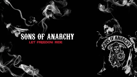 A striking HD wallpaper featuring the iconic Sons of Anarchy logo and artwork, with bold text reading LET FREEDOM RIDE set against a dark, smoky background.