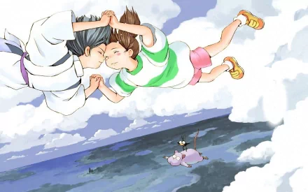 A stunning HD wallpaper featuring Chihiro from Spirited Away soaring through the sky while holding hands, with a dragon and a pig floating below amidst fluffy clouds.