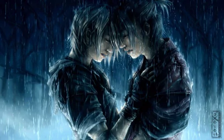 Anime HD wallpaper featuring a couple embracing under the rain, symbolizing love and intimacy.