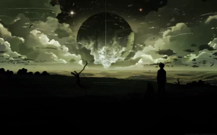 HD desktop wallpaper featuring Akari Shinohara and Takaki Touno from the anime 5 Centimeters per Second, against a stunning otherworldly landscape with a large celestial object in the sky.