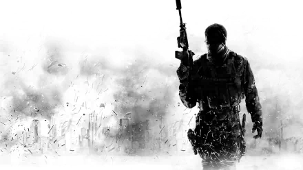 A striking HD wallpaper from Call of Duty: Modern Warfare 3, featuring a soldier with a rifle amidst a backdrop of smoke and debris, capturing intense combat action.