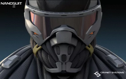 Close-up of a nanosuit soldier's helmet and respirator from Crysis 2, high-detail HD PC desktop wallpaper and background with CryNet Systems logo.