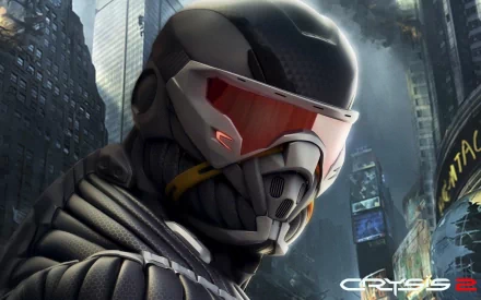 HD PC desktop wallpaper featuring a futuristic soldier from the video game Crysis 2, set against a detailed urban cityscape background.