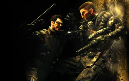 HD PC desktop wallpaper featuring a dark, intense scene from the video game Deus Ex: Human Revolution, showcasing two armored characters in combat.