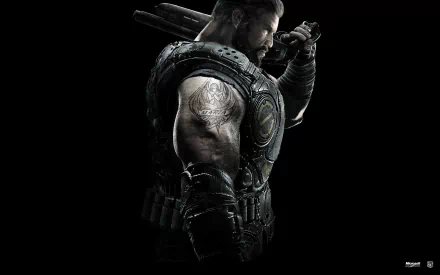 Gears of War 3 video game 2K Quad HD PC desktop wallpaper: muscular armored soldier in profile, tattooed arm and heavy rifle against a dark background.