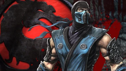 HD desktop wallpaper featuring a Mortal Kombat character in a blue mask and armor, with the iconic red and black dragon logo in the background.