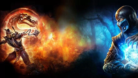 HD desktop wallpaper featuring characters from the video game Mortal Kombat, showcasing a fiery battle scene with intense colors and dramatic lighting.