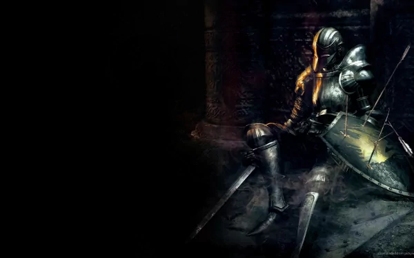 HD PC desktop wallpaper featuring a dark, armored knight from the video game Demon's Souls, sitting in a dimly lit, shadowy environment.
