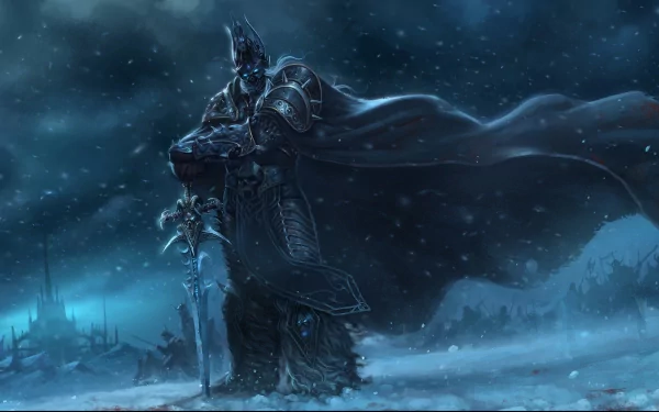 HD World of Warcraft desktop wallpaper featuring a dark armored figure wielding a sword, standing in a snowy, stormy landscape with a flowing cape.