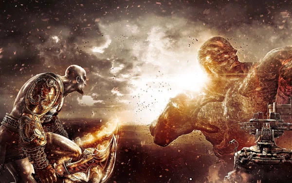 An epic confrontation between Kratos and a colossal titan set against a dramatic backdrop in this HD wallpaper from God of War III, showcasing intense action and stunning visuals.