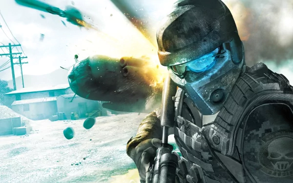 HD PC desktop wallpaper, video game Tom Clancy's Ghost Recon: Future Soldier — futuristic soldier in tactical gear and visor firing a rifle amid explosions and helicopters over a snowy urban battlefield.