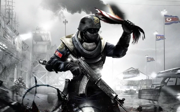 HD PC desktop wallpaper and background of the video game Homefront: armored soldier wielding an assault rifle, waving a torn flag amid a smoke-filled, war-torn urban street with enemy banners.