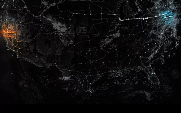 A dynamic HD desktop wallpaper showcasing a map of the United States, inspired by the video game Need For Speed: The Run, highlights key racing routes with vibrant colors.