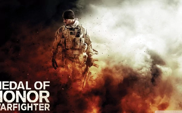 HD PC desktop wallpaper for the video game Medal of Honor: Warfighter, depicting a soldier walking through smoke and flames with a dramatic, intense atmosphere.