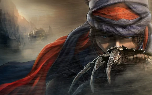 A fantasy warrior with striking blue eyes, inspired by the Prince of Persia, stands poised with deadly claws, set against a dramatic backdrop, creating a captivating HD desktop wallpaper.