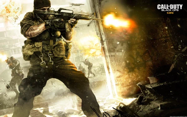 A gripping HD wallpaper from Call of Duty: Black Ops, featuring a soldier in combat, dynamically firing his weapon amidst a chaotic battlefield scene.