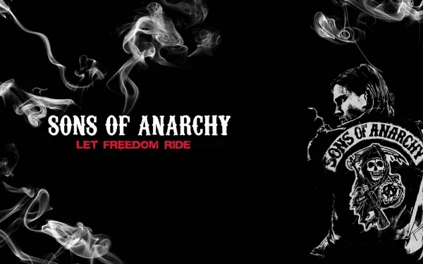 A striking HD wallpaper featuring the iconic Sons of Anarchy logo and artwork, with bold text reading LET FREEDOM RIDE set against a dark, smoky background.