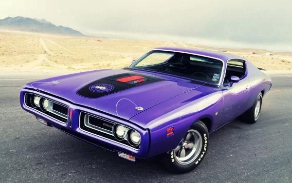 A purple Dodge Super Bee muscle car parked on an open road, presented as an HD PC desktop wallpaper featuring this iconic Dodge vehicle.