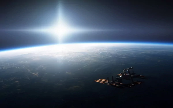 HD desktop wallpaper featuring the International Space Station orbiting Earth, with a brilliant starburst above the horizon, showcasing a Sci-Fi space scene.