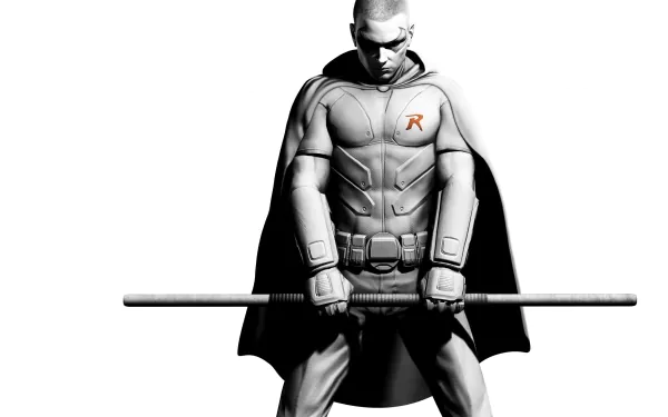 HD desktop wallpaper featuring Tim Drake as Robin from the video game Batman: Arkham City, depicted in grayscale with a black cape and holding a staff.
