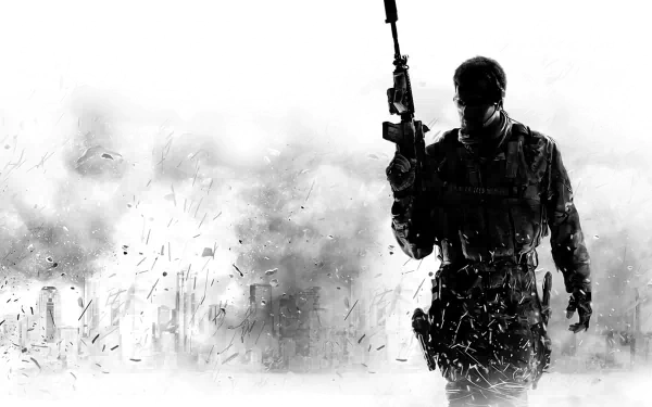 A striking HD wallpaper from Call of Duty: Modern Warfare 3, featuring a soldier with a rifle amidst a backdrop of smoke and debris, capturing intense combat action.