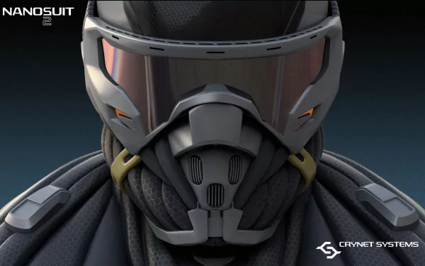Close-up of a nanosuit soldier's helmet and respirator from Crysis 2, high-detail HD PC desktop wallpaper and background with CryNet Systems logo.