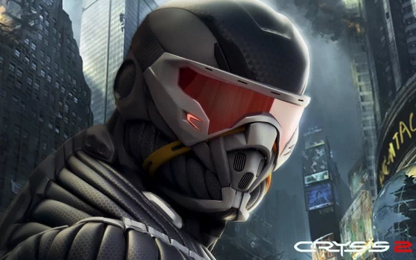 HD PC desktop wallpaper featuring a futuristic soldier from the video game Crysis 2, set against a detailed urban cityscape background.