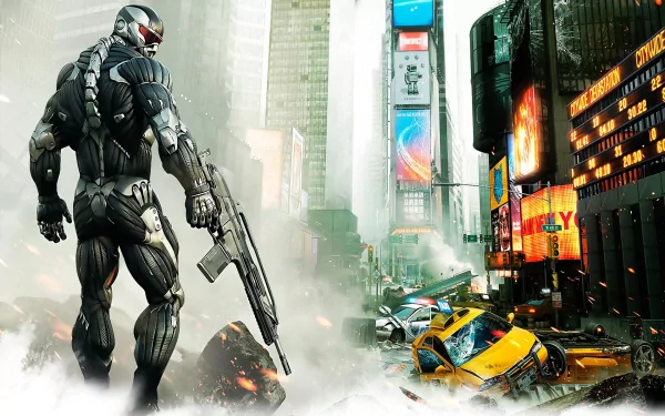 A dynamic HD wallpaper from Crysis 2, featuring a futuristic soldier in armor amidst a devastated urban landscape, highlighting chaos and action in a vibrant city backdrop.