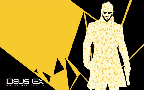 A striking HD wallpaper featuring the protagonist from the video game Deus Ex: Human Revolution, highlighted against a bold yellow and black geometric background.