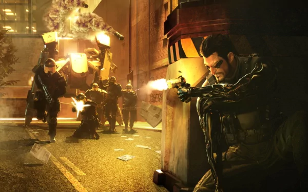 HD PC desktop wallpaper of the video game Deus Ex: Human Revolution — augmented protagonist fires a pistol from cover in a neon-lit urban alley as soldiers and a mech return fire.