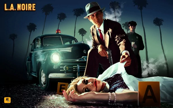 HD PC desktop wallpaper featuring a noir detective from the video game L.A. Noire investigating a crime scene at night with a vintage police car and palm trees.