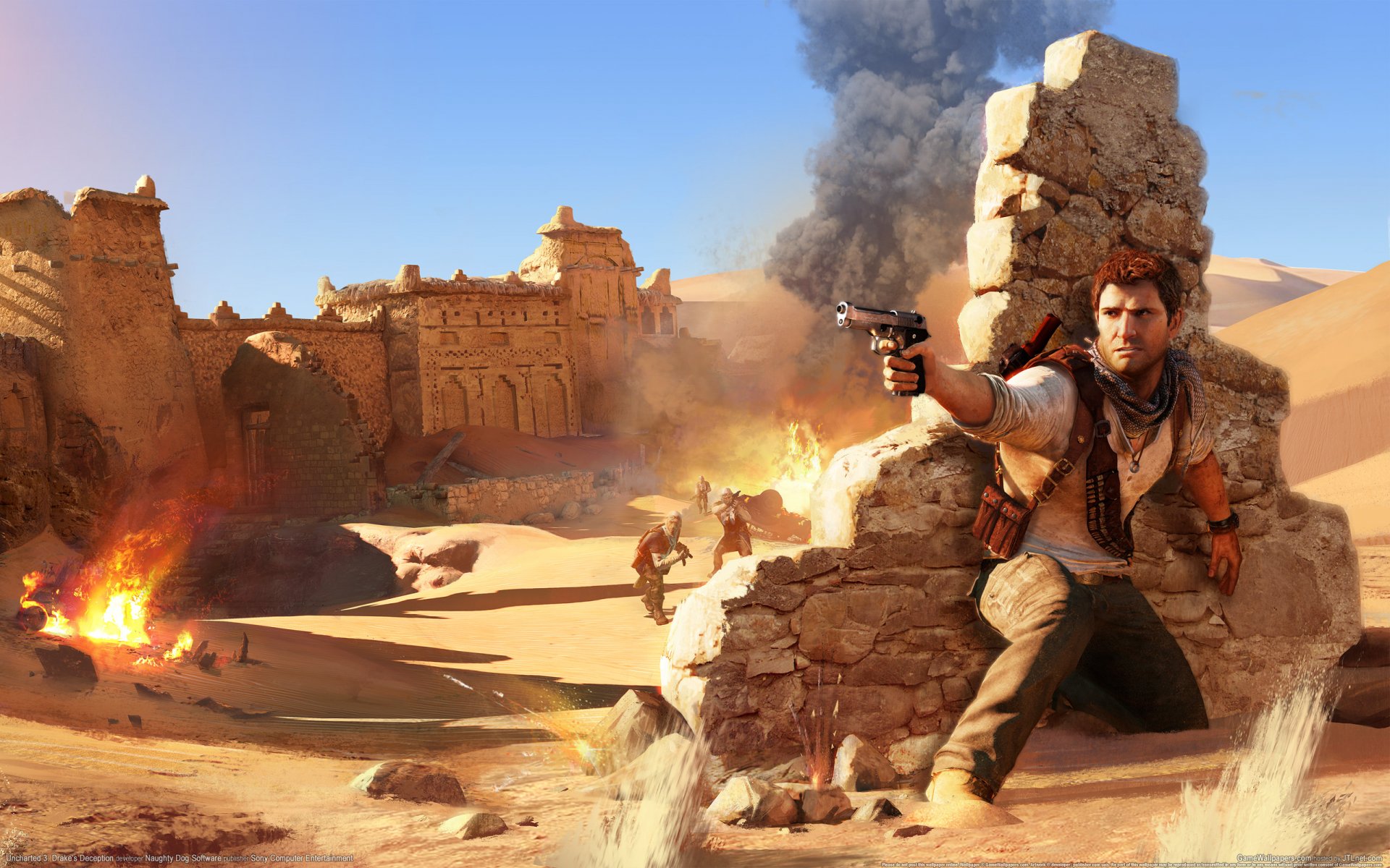 HD wallpaper featuring Nathan Drake from Uncharted 3: Drake's Deception, with him aiming a gun amidst explosions and a desert backdrop, capturing the game's adventurous spirit.