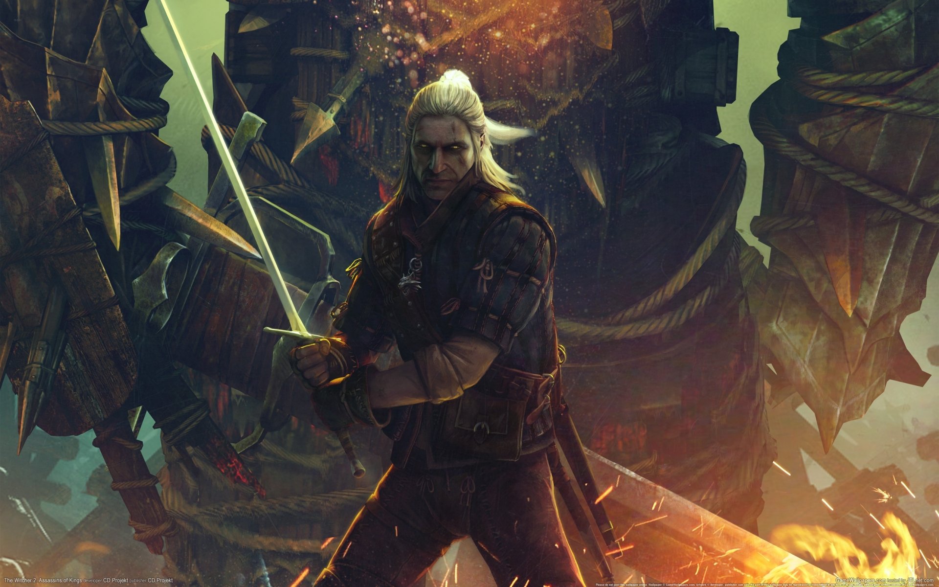 HD desktop wallpaper featuring Geralt of Rivia wielding a sword from the video game The Witcher 2: Assassins of Kings, set against a dark, fiery background.