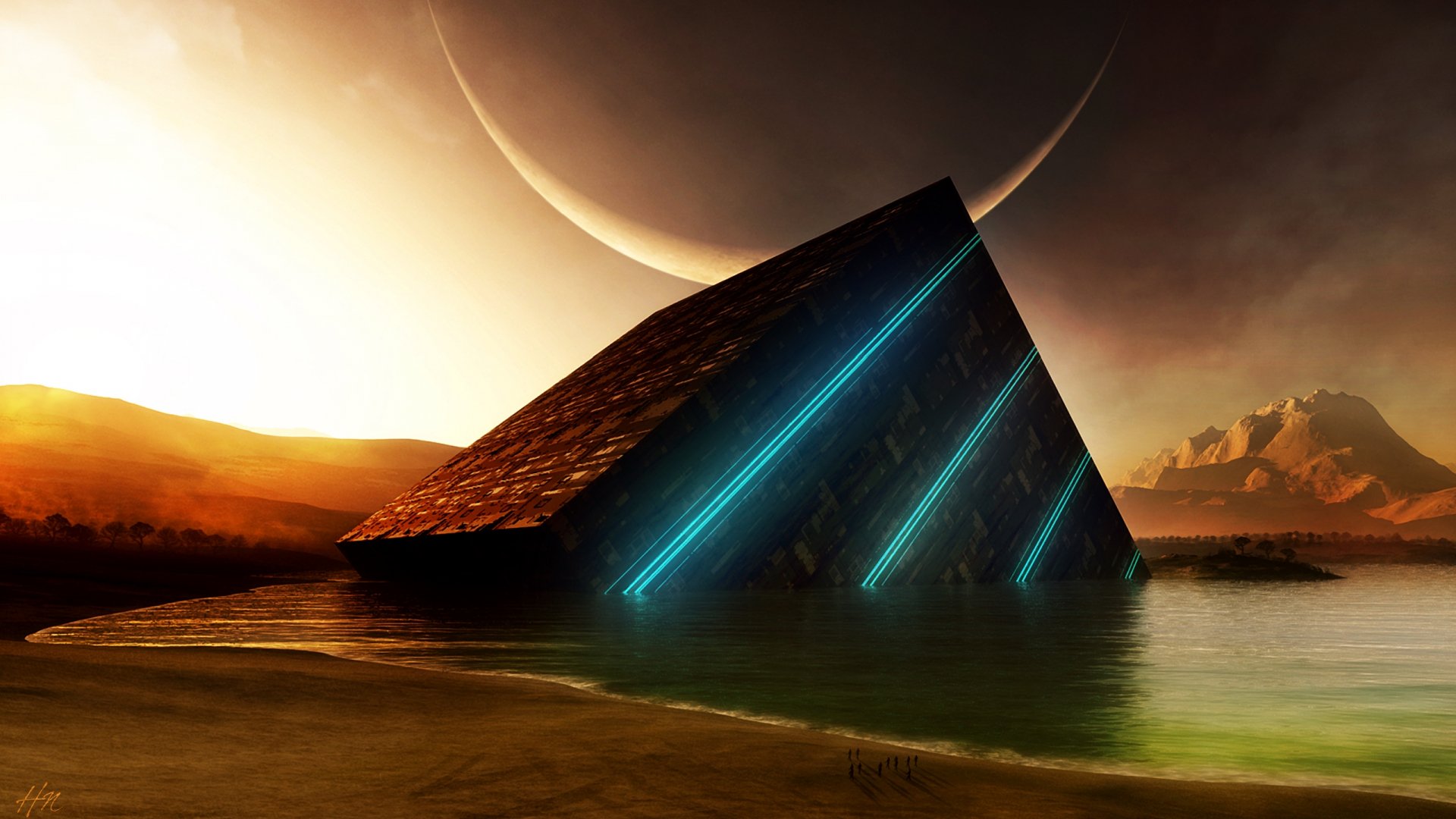 Sci-fi HD desktop wallpaper featuring a glowing futuristic pyramid partially submerged in water with a large planet and dramatic sky in the background.