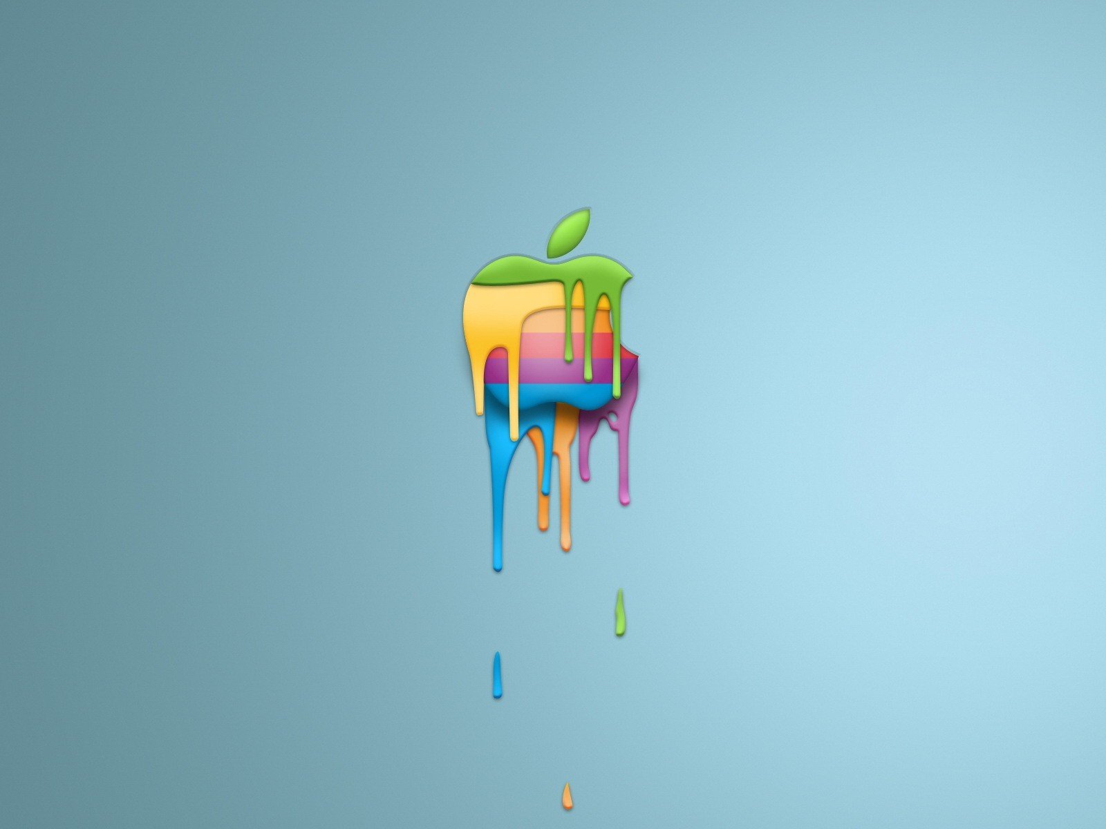 Colorful, melting Apple Inc. logo set against a clean blue background, designed as an HD desktop wallpaper blending technology and modern art.