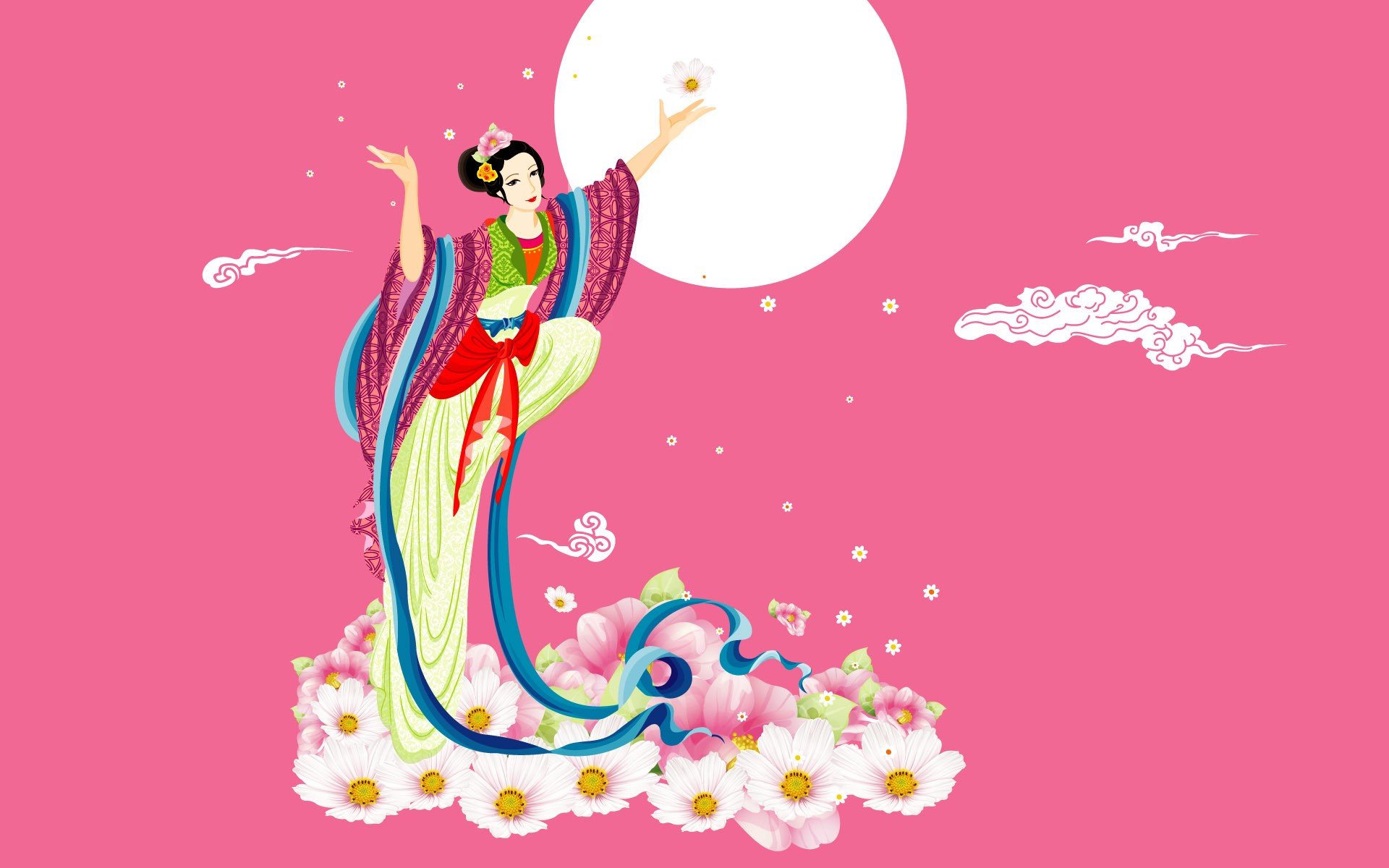 Colorful, artistic oriental-themed HD PC desktop wallpaper featuring a traditional woman in vibrant attire reaching towards a bright full moon against a pink background.