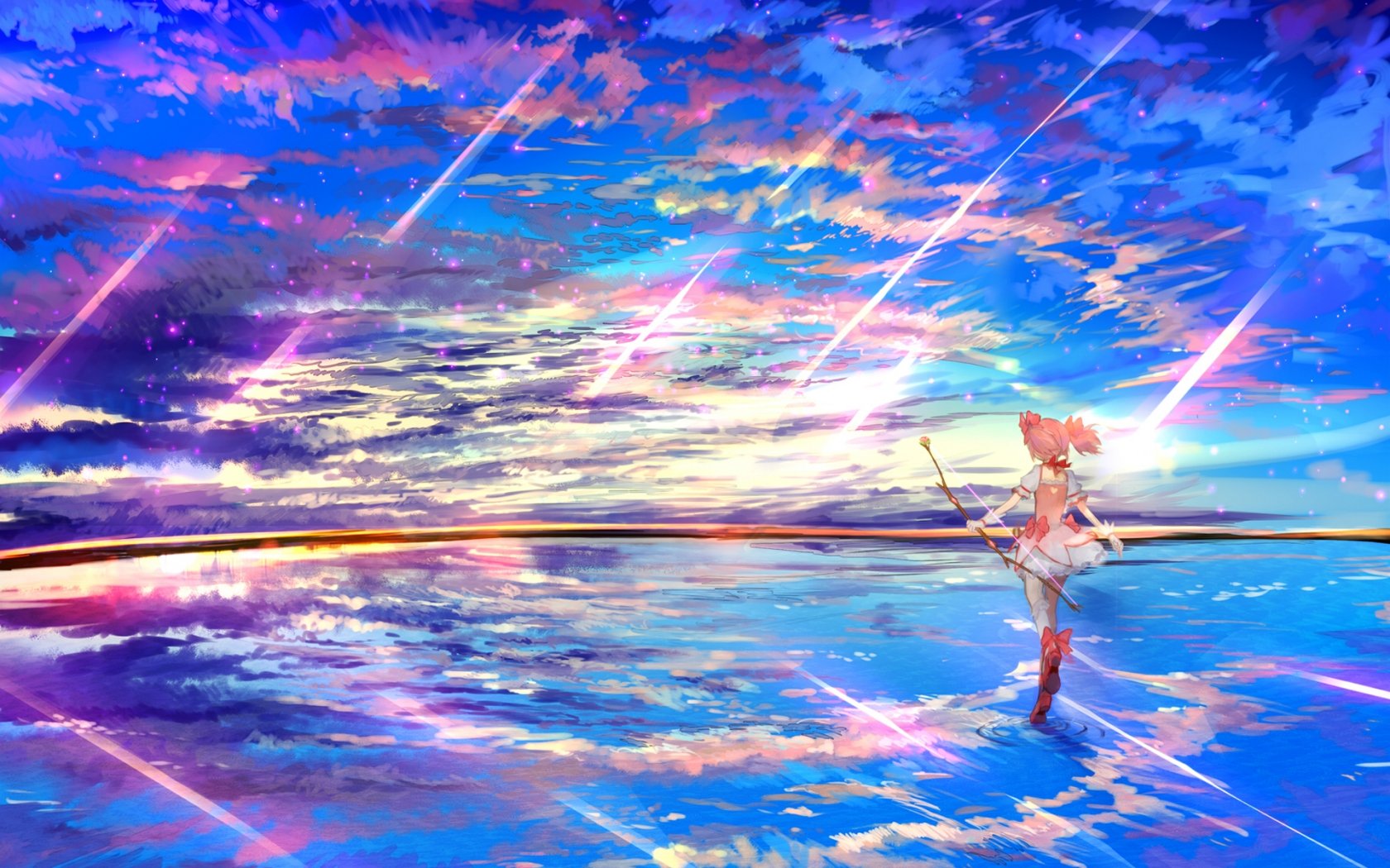 HD PC desktop wallpaper featuring Madoka Kaname from the anime Puella Magi Madoka Magica standing on a reflective surface under a vibrant, colorful sky with shooting stars.
