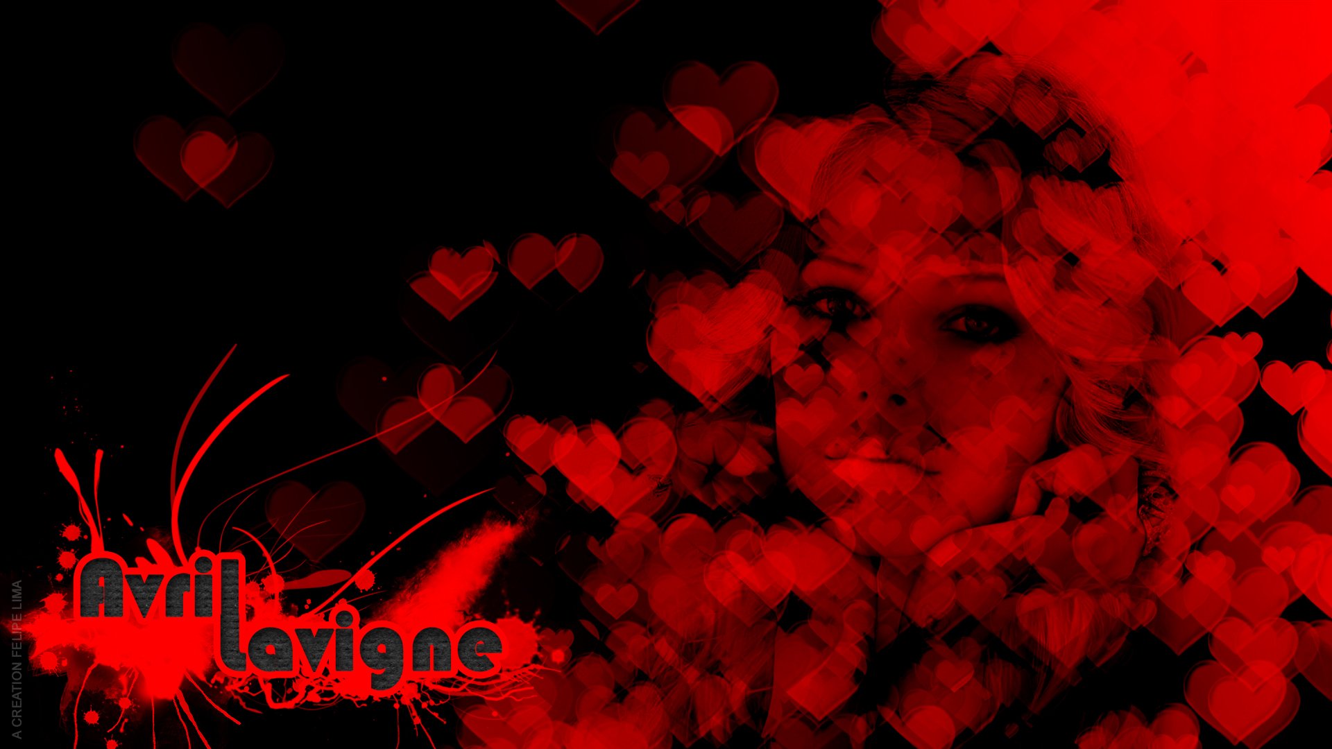 HD PC desktop wallpaper: red-and-black collage of glowing hearts and musical motifs, a partially obscured female singer's face and stylized text.