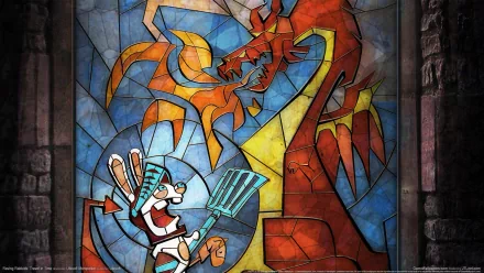 HD PC desktop wallpaper featuring a stained glass style artwork from the video game Raving Rabbids: Travel in Time, depicting a Rabbid confronting a dragon.