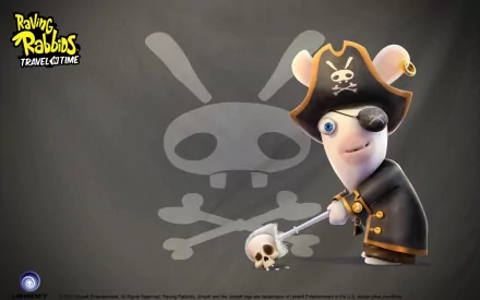 HD PC desktop wallpaper featuring a Raving Rabbids character dressed as a pirate from the video game Raving Rabbids: Travel in Time, with a skull and crossbones background.