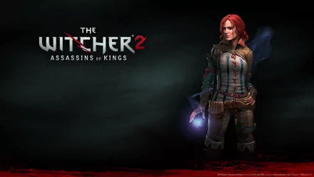 A high-definition wallpaper featuring a character from The Witcher 2: Assassins of Kings, showcasing her in a dynamic pose against a dark background.