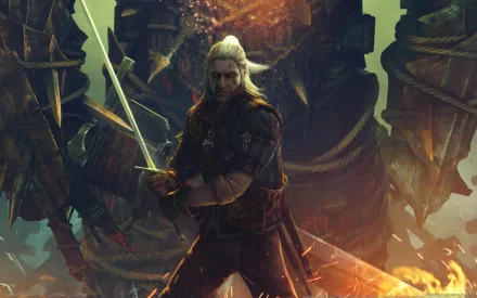 HD desktop wallpaper featuring Geralt of Rivia wielding a sword from the video game The Witcher 2: Assassins of Kings, set against a dark, fiery background.