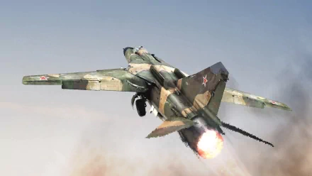 HD PC desktop wallpaper of a military Mikoyan-Gurevich MiG-23 in camouflage, afterburner blazing as it climbs through a smoky sky.