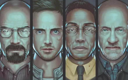 An HD desktop wallpaper featuring key characters from *Breaking Bad*: Walter White, Jesse Pinkman, Gustavo Fring, and Mike Ehrmantraut, depicted in a striking, stylized portrait format.