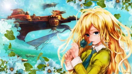 HD PC desktop wallpaper: anime-style blonde girl in green outfit holding a blue flower, with a floating airship over bright sky and white blossoms — video game artwork, lb