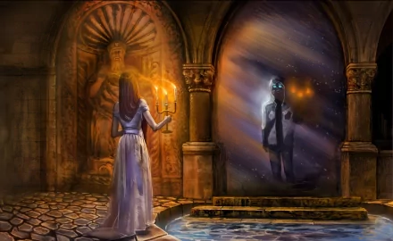 HD PC desktop wallpaper depicting a scene from Romantically Apocalyptic, featuring a woman with candles facing a mysterious figure in a glowing portal within an ancient stone chamber.