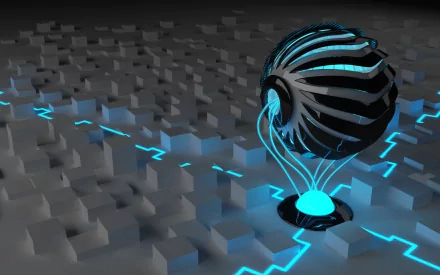 A captivating 3D CGI artwork featuring a glowing sphere surrounded by a geometric landscape, showcasing vibrant blue circuitry patterns, designed as an HD desktop wallpaper.